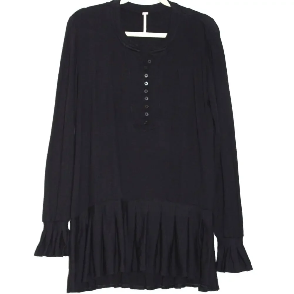 FREE PEOPLE Your Girl Flounce Hem V-neck Henley Knit Long Sleeve Tunic Black M